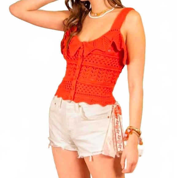 Blu Pepper Tops - BLU Pepper Boho Red Crochet Pointelle Knit Ruffle Collar Tank Top Button Front L